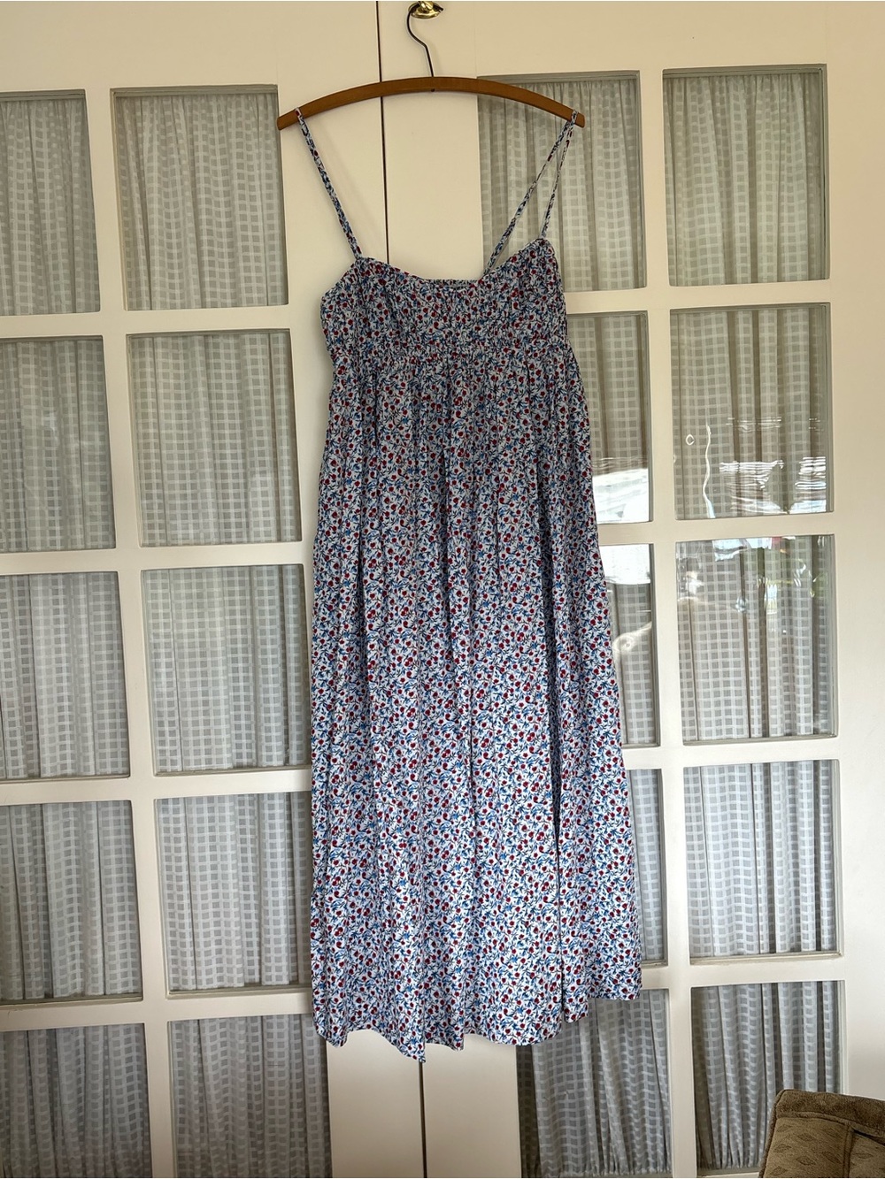 J. Crew Blue, Red and White Smocked Floral Top